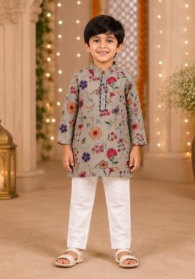 Grey Printed Cotton Ethnic Set For Boys
