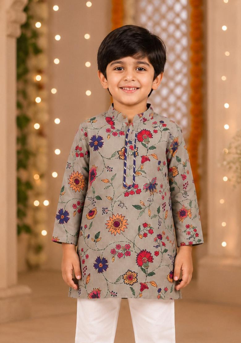 Grey Printed Cotton Ethnic Set For Boys - Indya