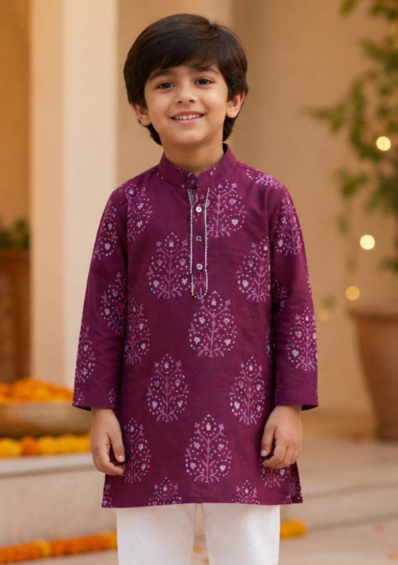 Wine Printed Cotton Ethnic Set For Boys - Indya
