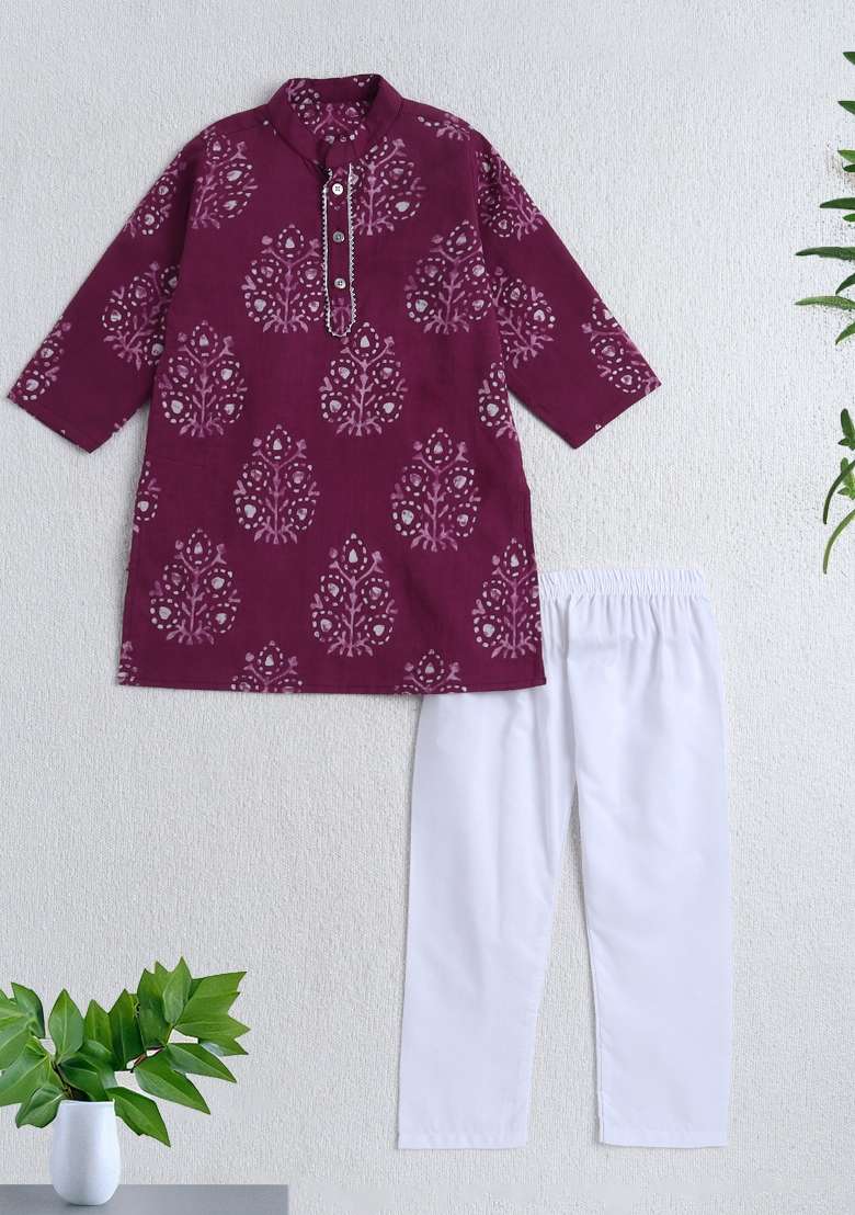 Wine Printed Cotton Ethnic Set For Boys - Indya