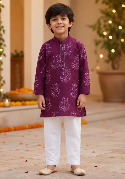 Wine Printed Cotton Ethnic Set For Boys