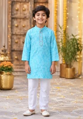 Blue Printed Cotton Ethnic Set For Boys