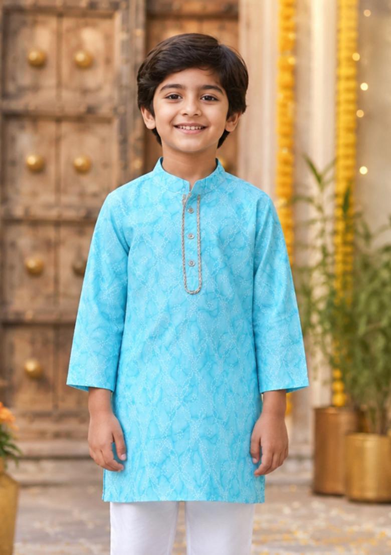Blue Printed Cotton Ethnic Set For Boys - Indya