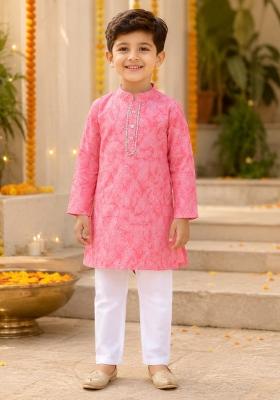 Pink Printed Cotton Ethnic Set For Boys