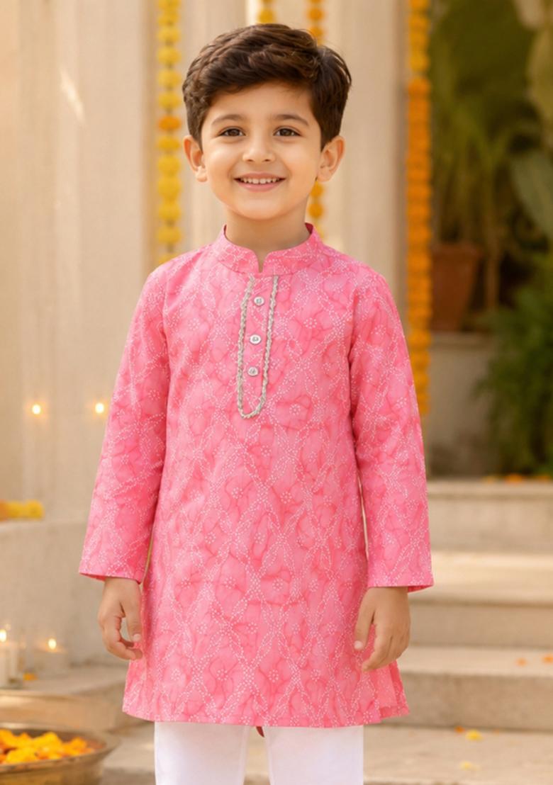 Pink Printed Cotton Ethnic Set For Boys - Indya