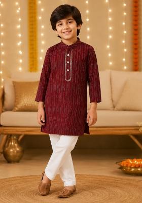 Maroon Printed Cotton Ethnic Set For Boys