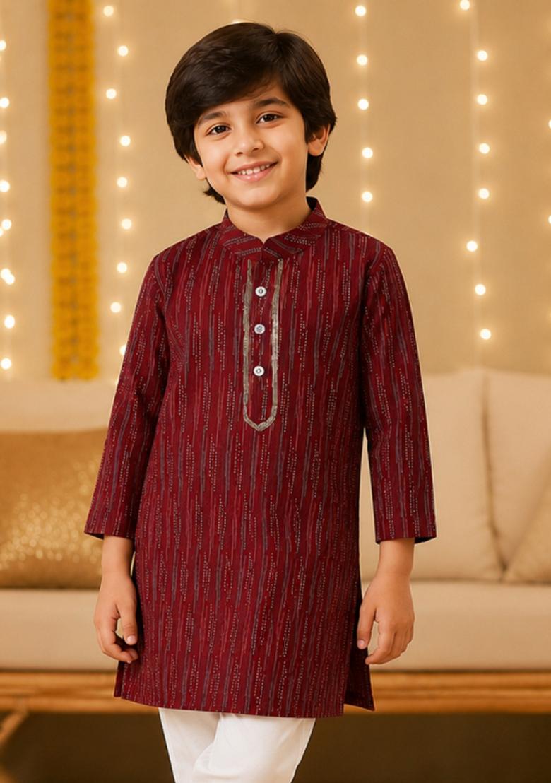 Maroon Printed Cotton Ethnic Set For Boys - Indya