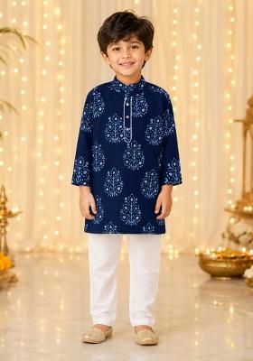 Navy Blue Printed Cotton Ethnic Set For Boys