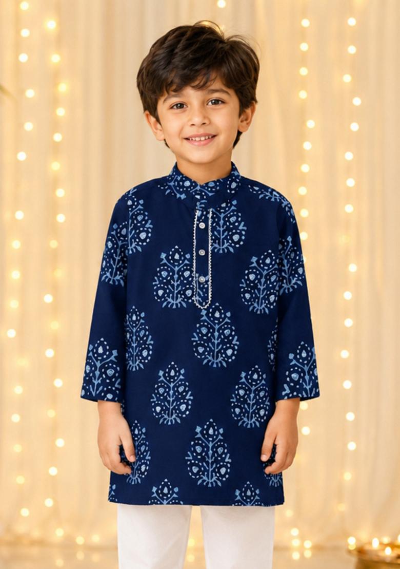 Navy Blue Printed Cotton Ethnic Set For Boys - Indya