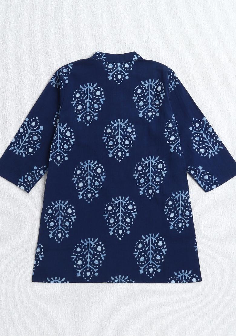 Navy Blue Printed Cotton Ethnic Set For Boys - Indya