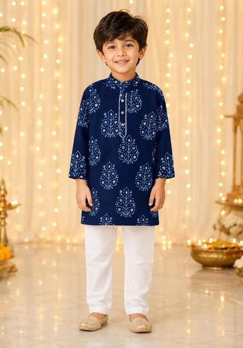 Navy Blue Printed Cotton Ethnic Set For Boys