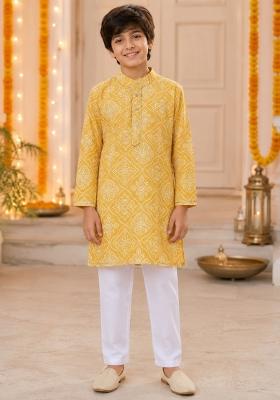 Yellow Printed Cotton Ethnic Set For Boys