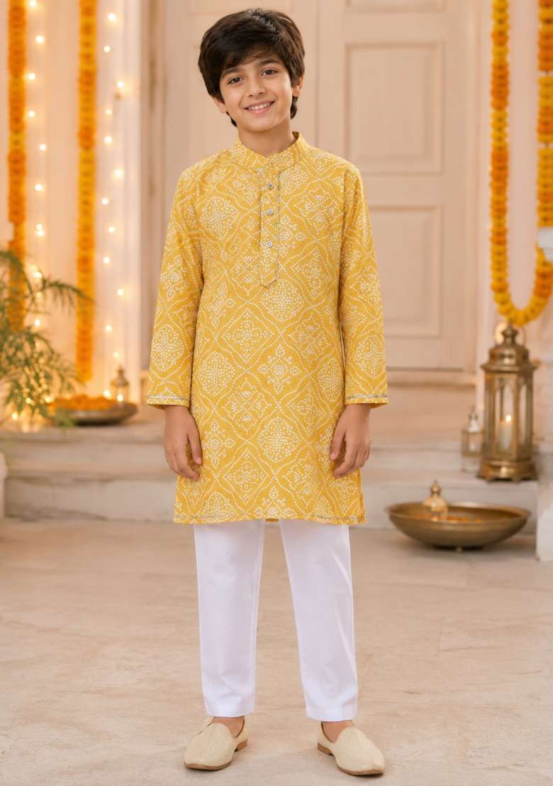 Yellow Printed Cotton Ethnic Set For Boys - Indya