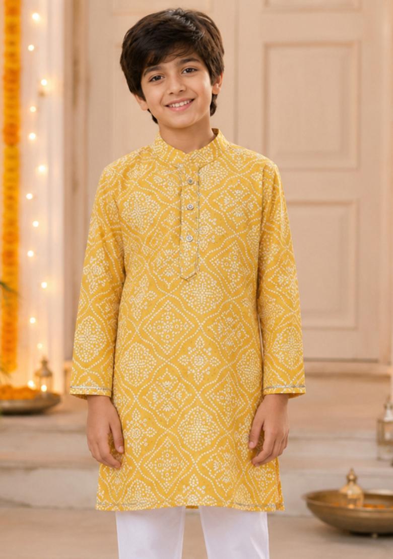 Yellow Printed Cotton Ethnic Set For Boys - Indya