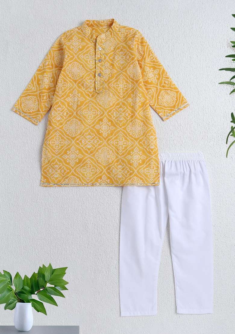 Yellow Printed Cotton Ethnic Set For Boys - Indya