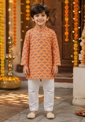 Yellow Printed Polyester Ethnic Set For Boys