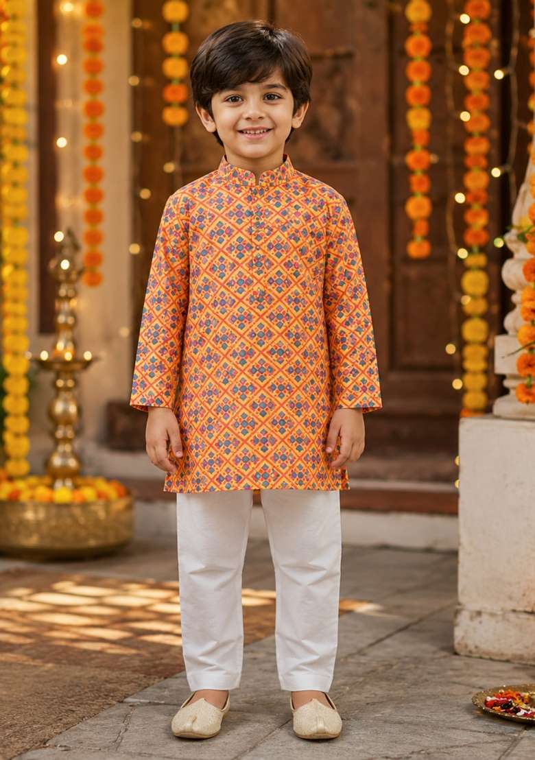 Yellow Printed Polyester Ethnic Set For Boys - Indya