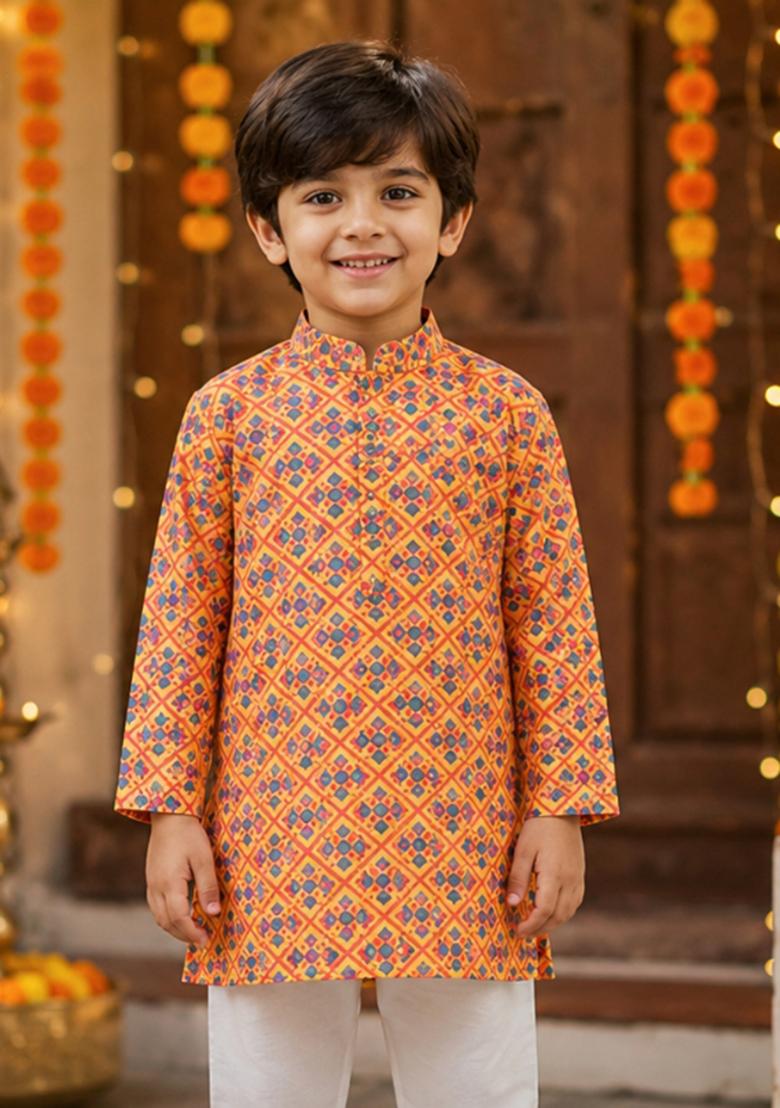 Yellow Printed Polyester Ethnic Set For Boys - Indya