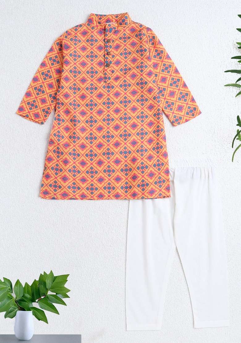Yellow Printed Polyester Ethnic Set For Boys - Indya