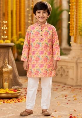 Yellow Printed Polyester Ethnic Set For Boys