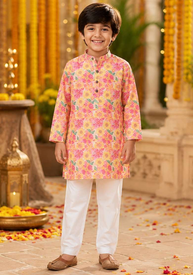 Yellow Printed Polyester Ethnic Set For Boys - Indya