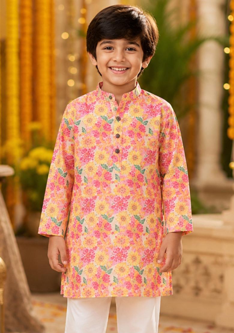 Yellow Printed Polyester Ethnic Set For Boys - Indya