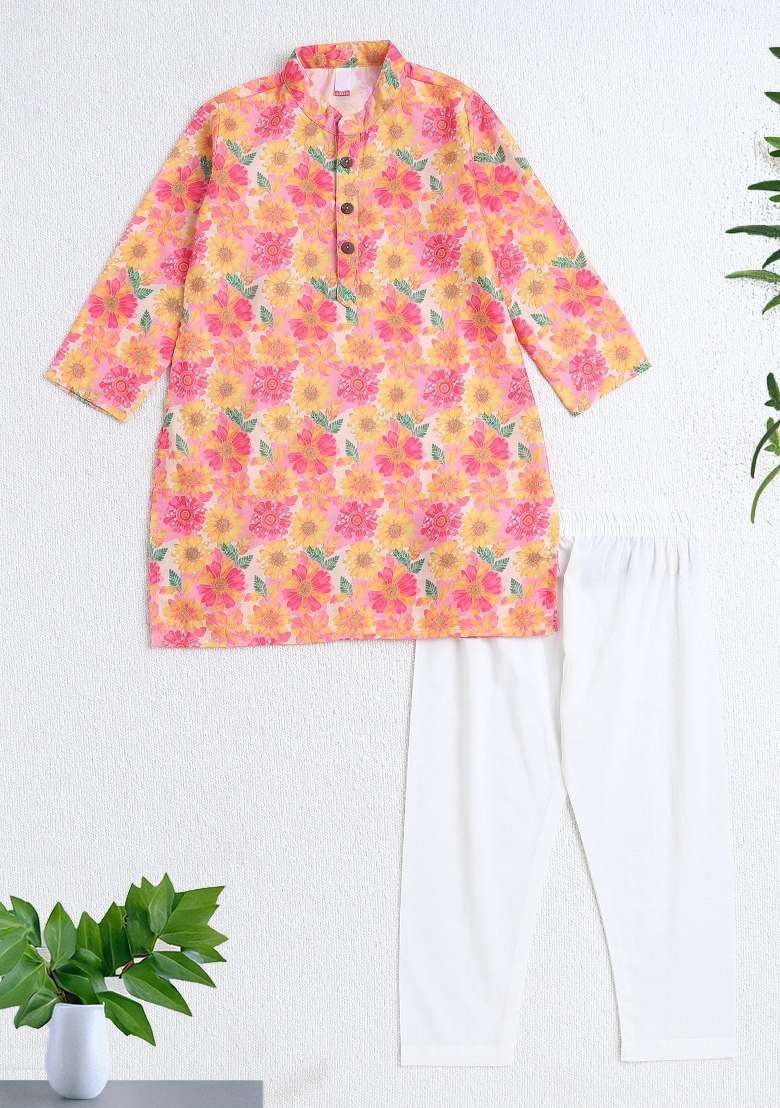 Yellow Printed Polyester Ethnic Set For Boys - Indya