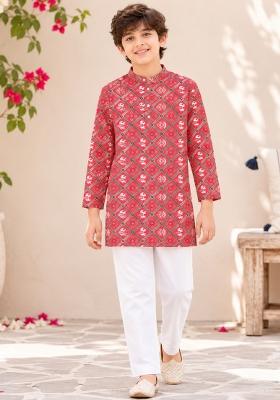 Red Printed Polyester Ethnic Set For Boys