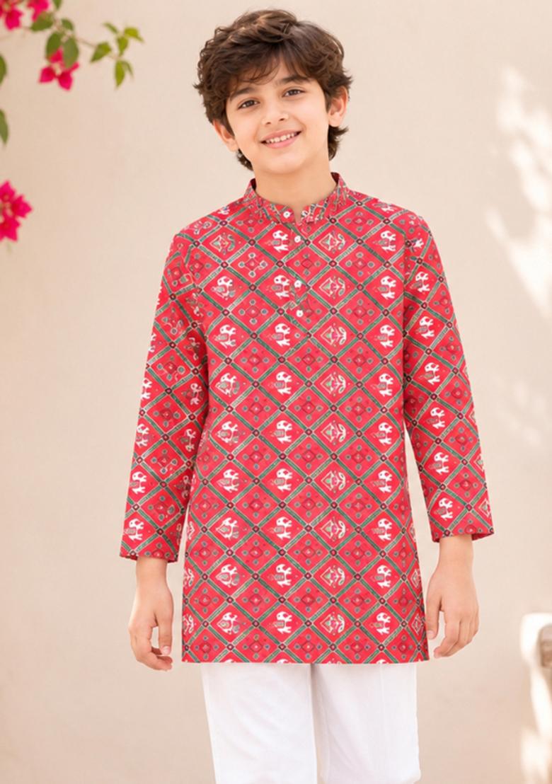 Red Printed Polyester Ethnic Set For Boys - Indya
