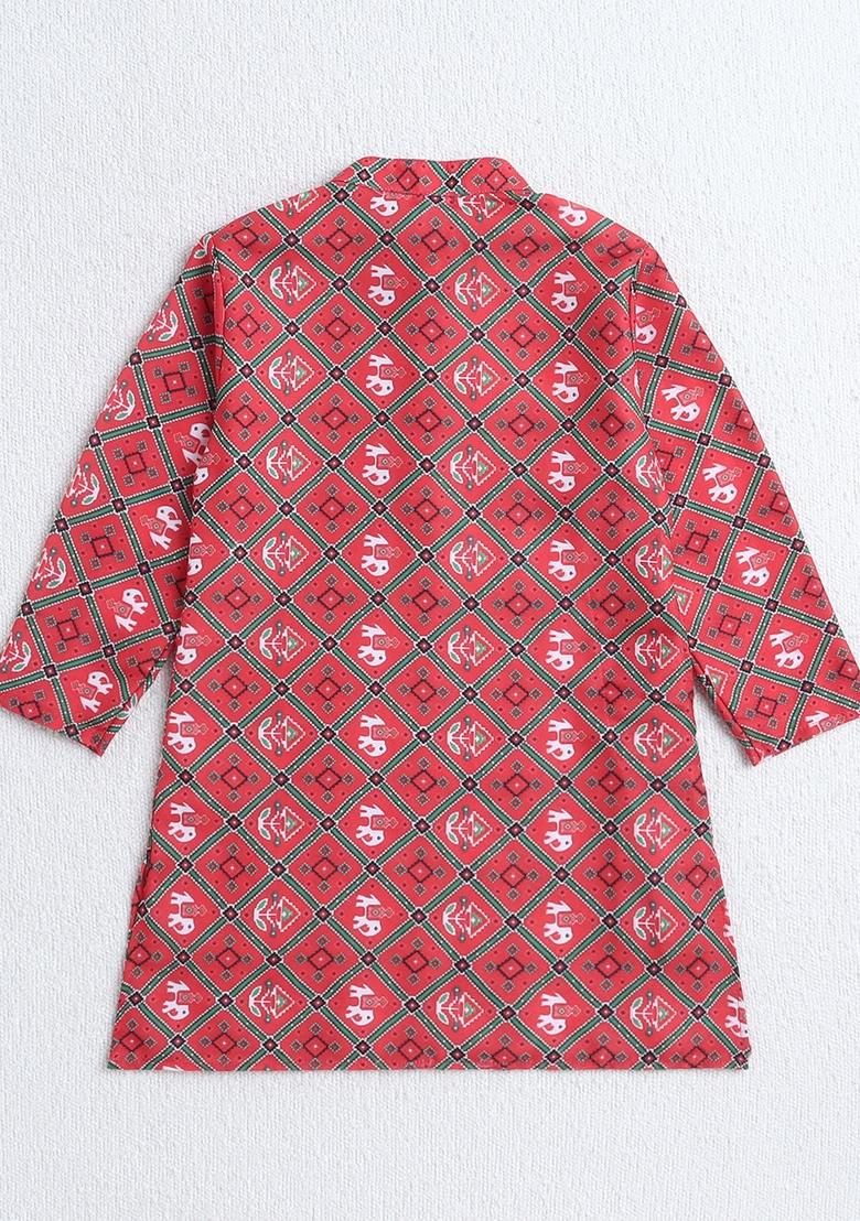 Red Printed Polyester Ethnic Set For Boys - Indya