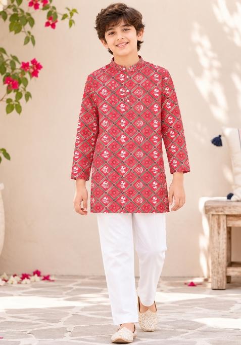 Red Printed Polyester Ethnic Set For Boys