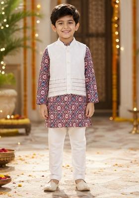 Navy Blue Printed Polyester Ethnic Set For Boys