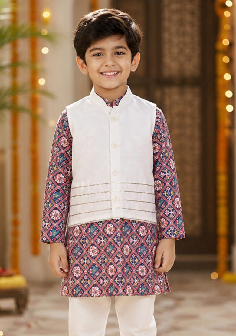 Navy Blue Printed Polyester Ethnic Set For Boys - Indya