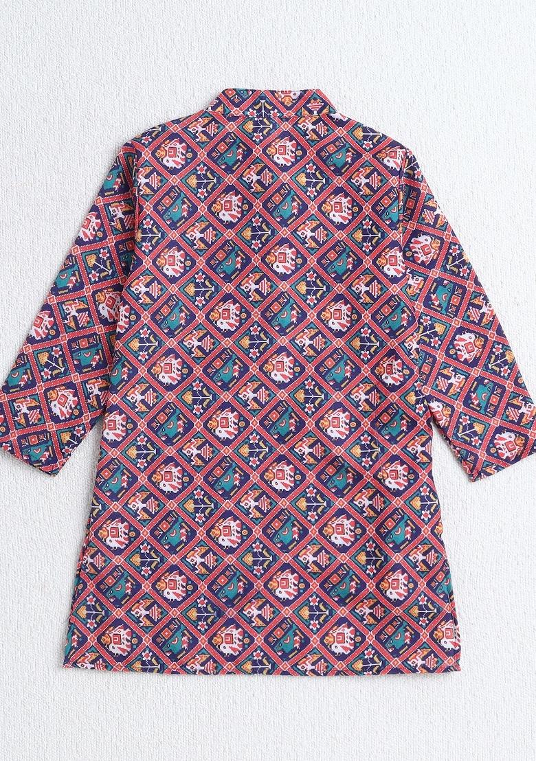 Navy Blue Printed Polyester Ethnic Set For Boys - Indya