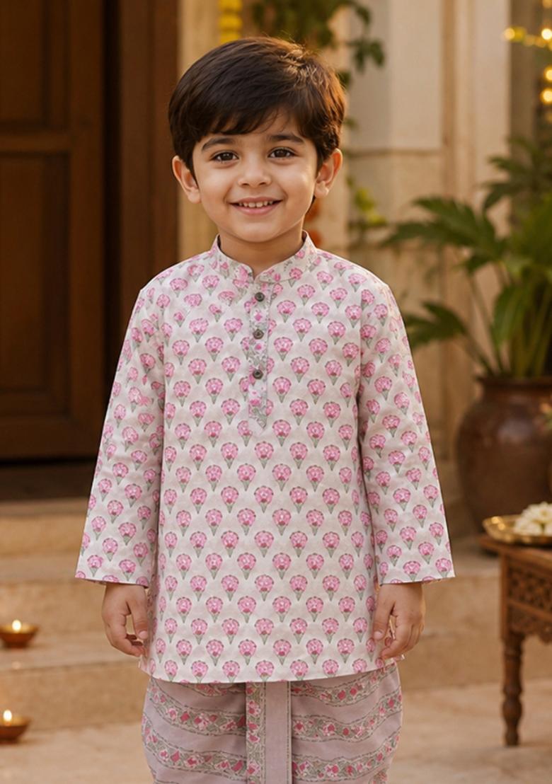 Pink Printed Cotton Ethnic Set For Boys - Indya