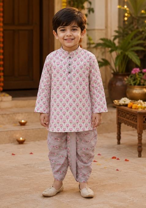Pink Printed Cotton Ethnic Set For Boys