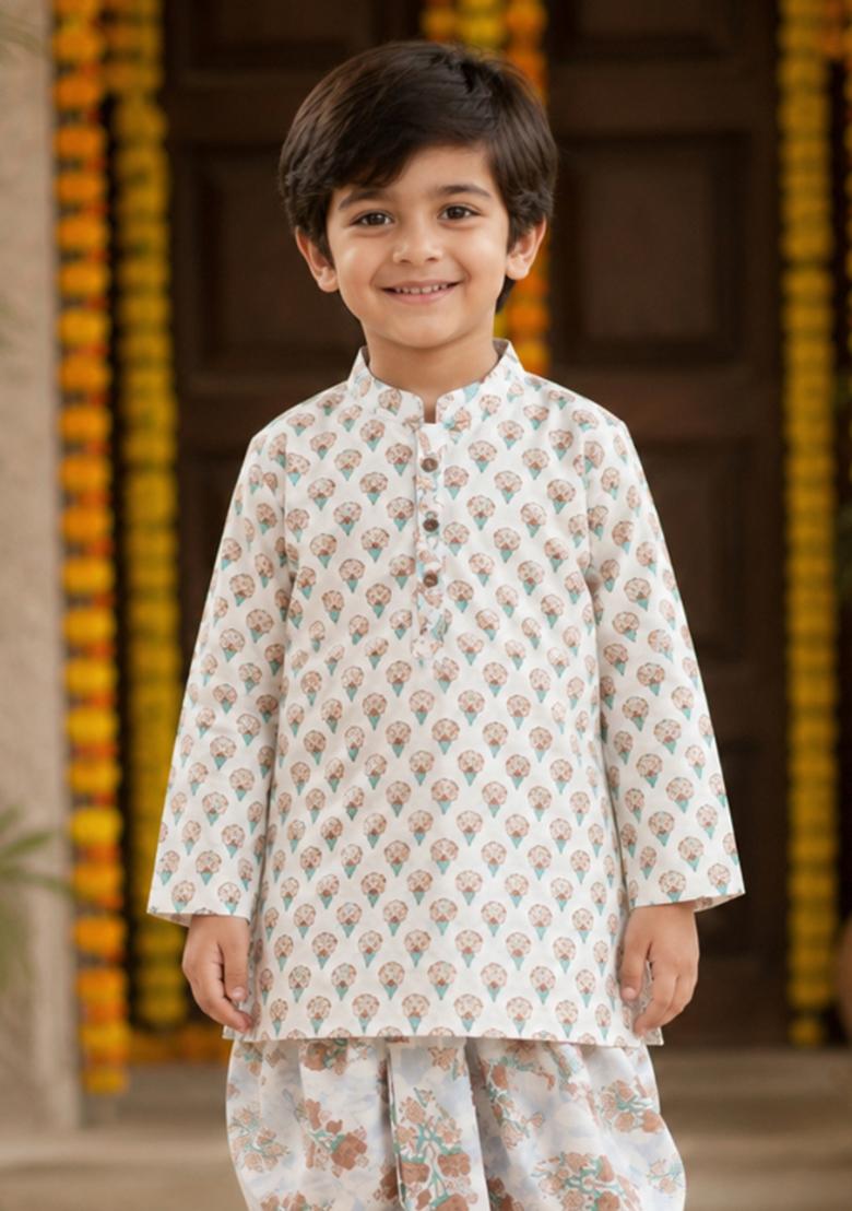 Green Printed Cotton Ethnic Set For Boys - Indya