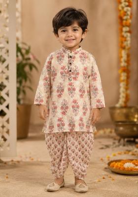 Peach Printed Cotton Ethnic Set For Boys