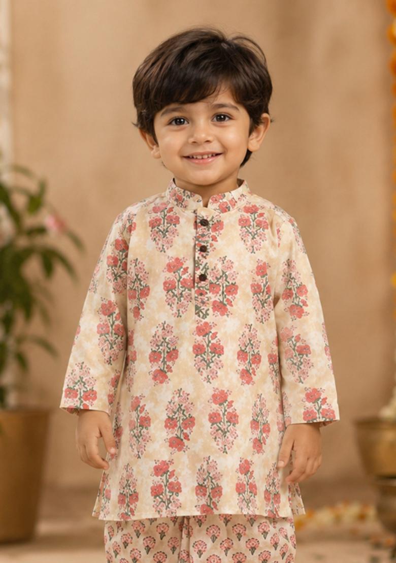 Peach Printed Cotton Ethnic Set For Boys - Indya