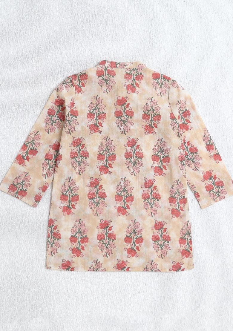 Peach Printed Cotton Ethnic Set For Boys - Indya