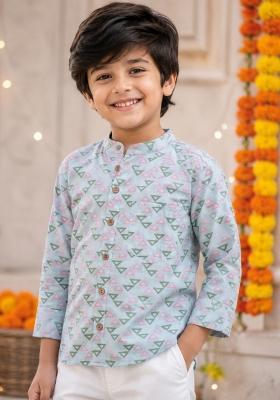 Grey Printed Cotton Ethnic Set For Boys