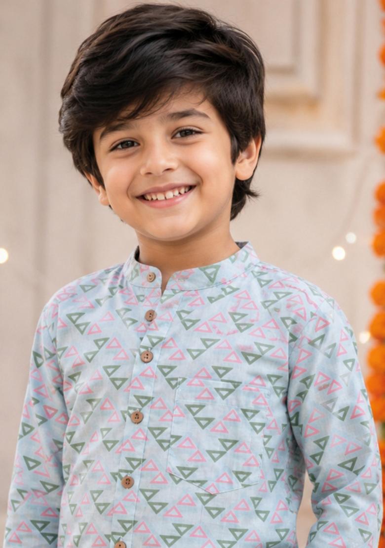 Grey Printed Cotton Ethnic Set For Boys - Indya
