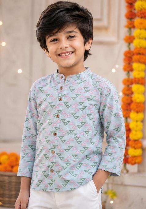 Grey Printed Cotton Ethnic Set For Boys