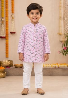Pink Printed Cotton Ethnic Set For Boys