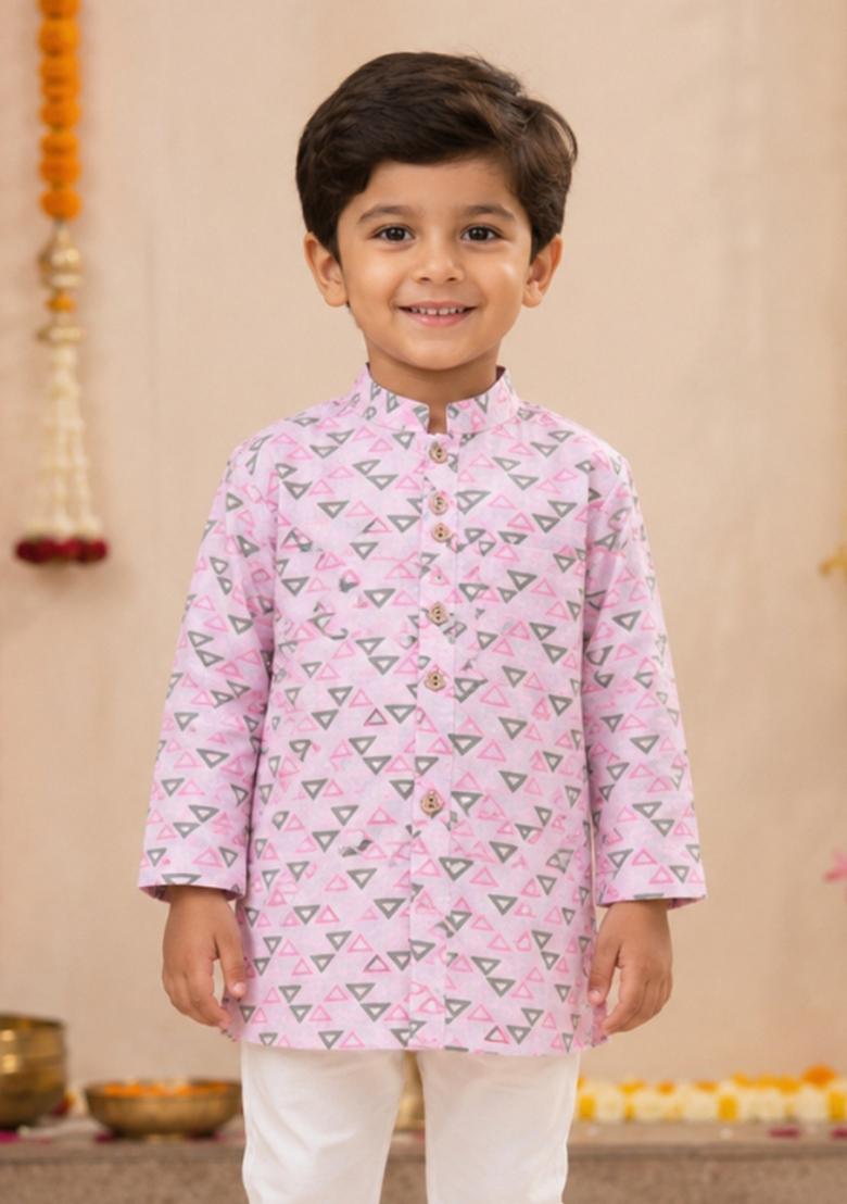 Pink Printed Cotton Ethnic Set For Boys - Indya