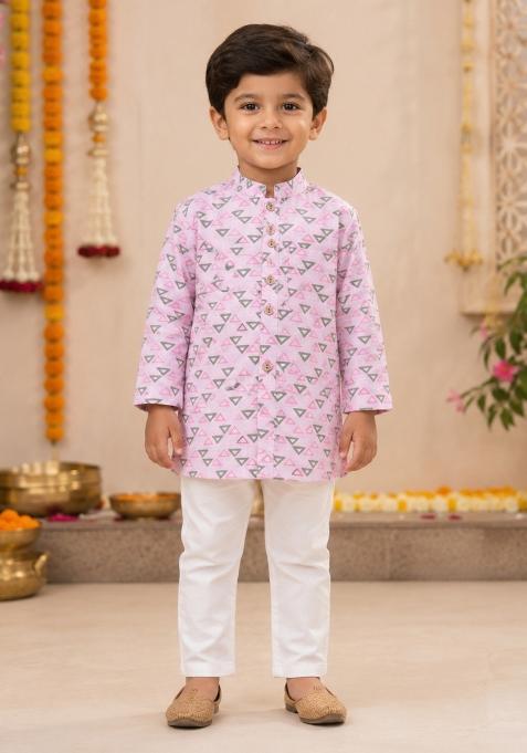 Pink Printed Cotton Ethnic Set For Boys