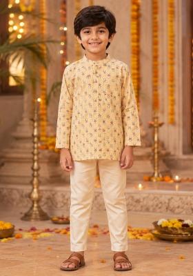Yellow Printed Cotton Ethnic Set For Boys