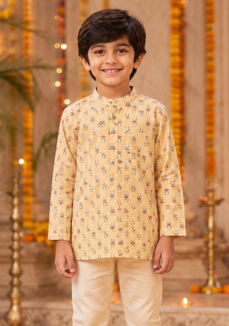 Yellow Printed Cotton Ethnic Set For Boys - Indya