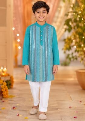 Turquoise Blue Embroidery Polyester Ethnic Set For Boys