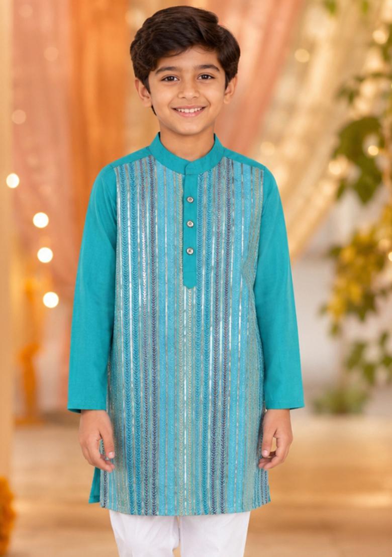 Turquoise Blue Embroidery Polyester Ethnic Set For Boys - Indya